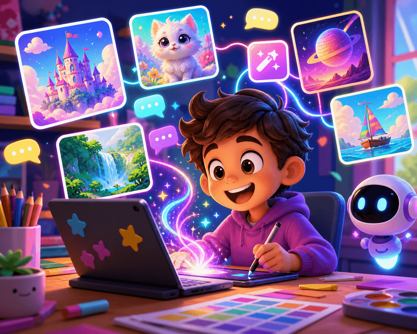 Cartoon child creating colorful AI-generated images