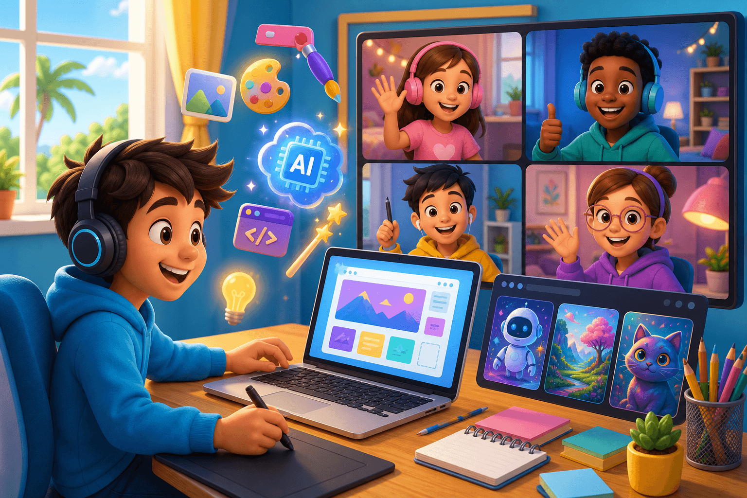 Cartoon children joining a remote creative tech camp