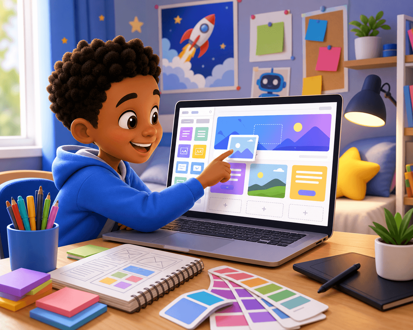 Cartoon child designing a website with drag-and-drop blocks